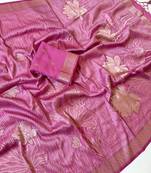 Pink Color Silver Golden Jari Jaqurad Weaving Work  Georgette Saree 