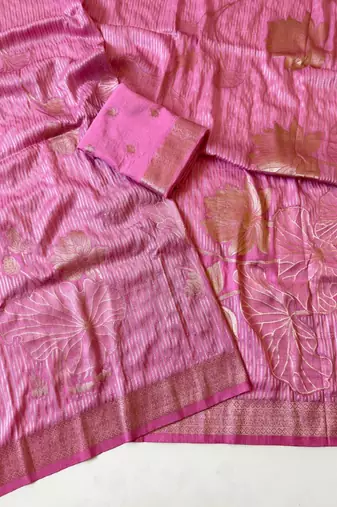 Pink Color Silver Golden Jari Jaqurad Weaving Work  Georgette Saree 