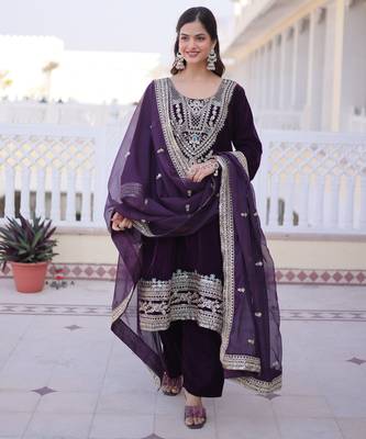 Wine embroidered velvet designer kurta set with dupatta 1