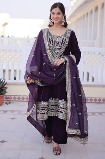 Wine embroidered velvet designer kurta set with dupatta