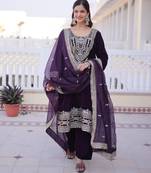 Wine embroidered velvet designer kurta set with dupatta
