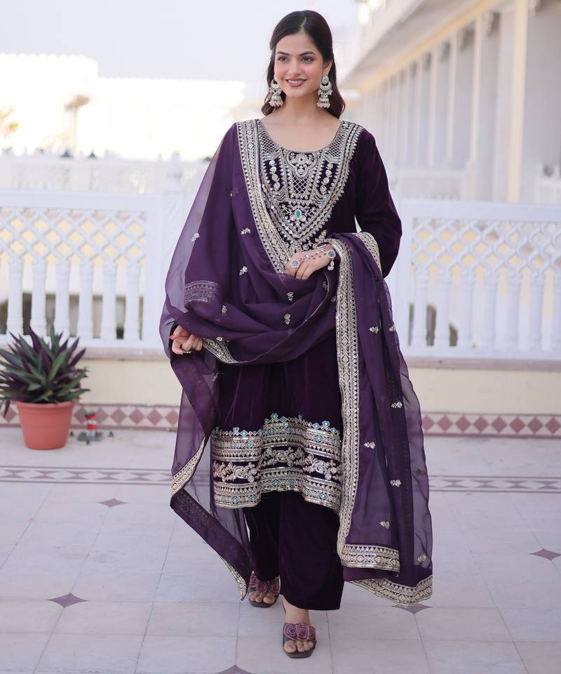 Wine embroidered velvet designer kurta set with dupatta