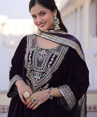 Wine embroidered velvet designer kurta set with dupatta 3