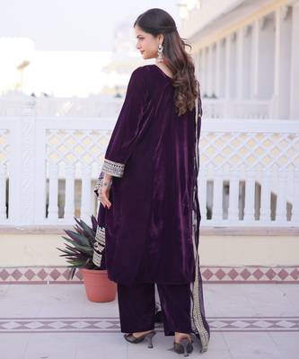 Wine embroidered velvet designer kurta set with dupatta 4