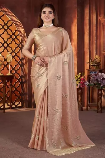 Cream Color Hand Embroidery Work Satin Silk Saree