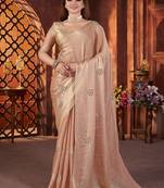 Cream Color Hand Embroidery Work Satin Silk Saree