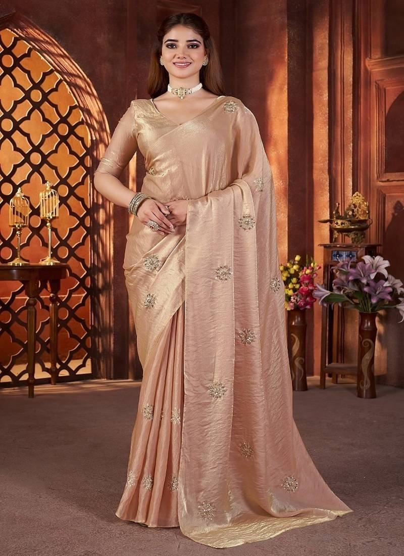 Cream Color Hand Embroidery Work Satin Silk Saree
