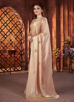Cream Color Hand Embroidery Work Satin art silk saree 2