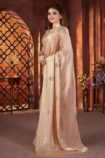 Cream Color Hand Embroidery Work Satin art silk saree