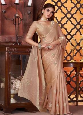 Cream Color Hand Embroidery Work Satin art silk saree 3