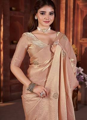 Cream Color Hand Embroidery Work Satin art silk saree 4