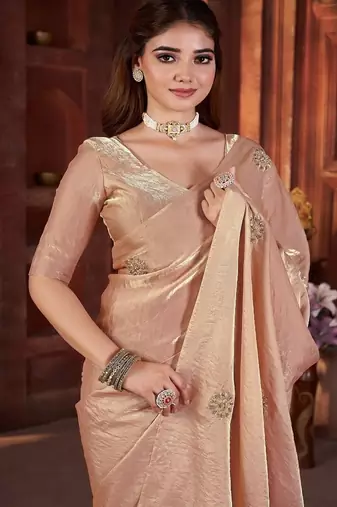 Cream Color Hand Embroidery Work Satin art silk saree