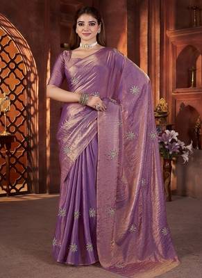 Purple Color Hand Embroidery Work Satin art silk saree 1