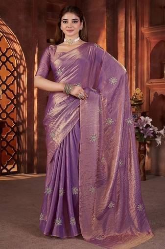 Purple Color Hand Embroidery Work Satin Silk Saree