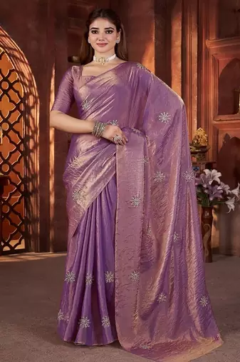 Purple Color Hand Embroidery Work Satin Silk Saree
