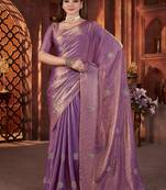 Purple Color Hand Embroidery Work Satin Silk Saree