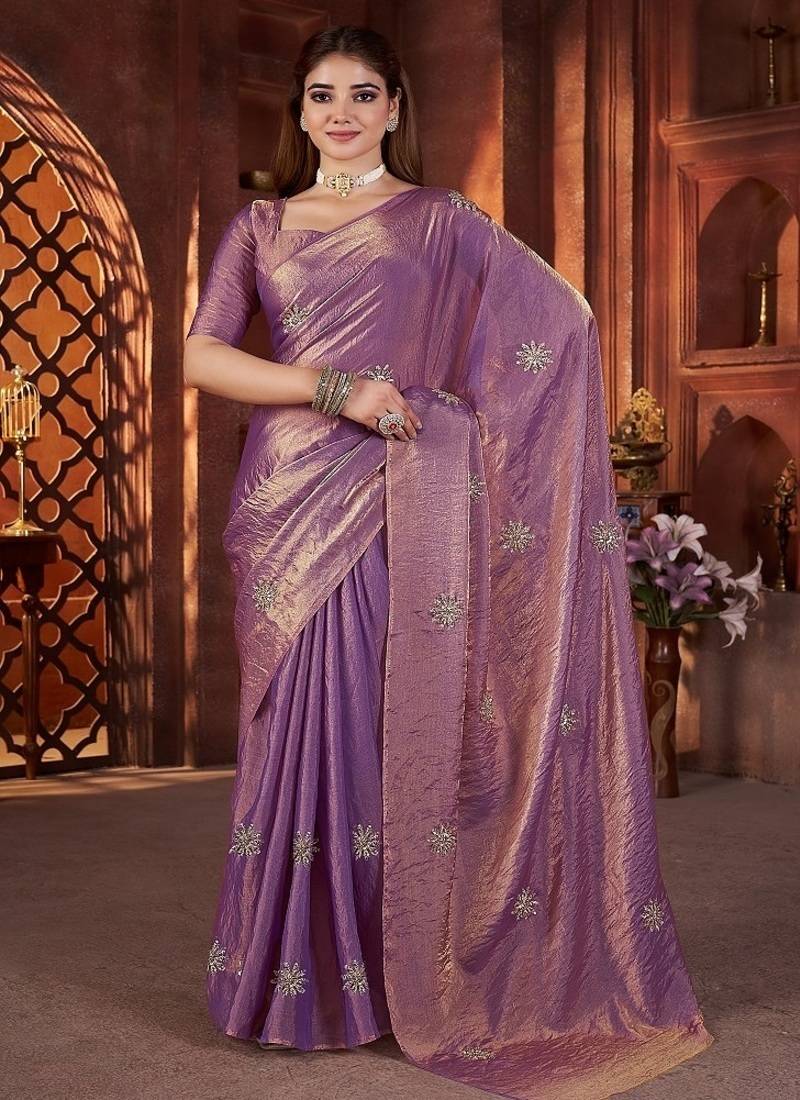 Purple Color Hand Embroidery Work Satin Silk Saree