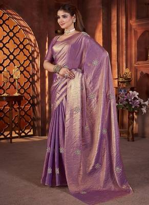 Purple Color Hand Embroidery Work Satin art silk saree 2