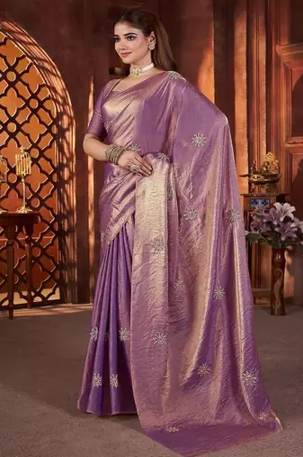 Purple Color Hand Embroidery Work Satin art silk saree
