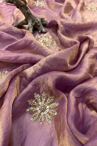 Purple Color Hand Embroidery Work Satin art silk saree