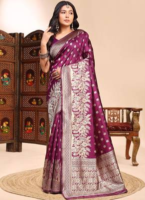 Wine lichi silk embroidered wedding wear saree 1