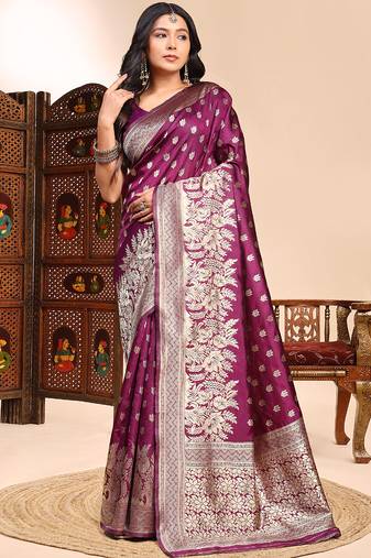 Wine lichi silk embroidered wedding wear saree