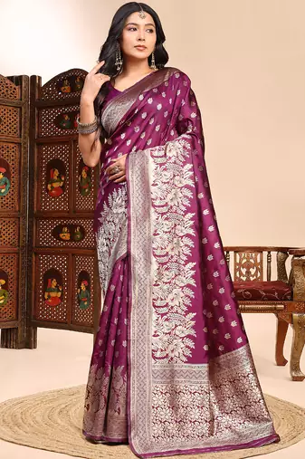 Wine lichi silk embroidered wedding wear saree