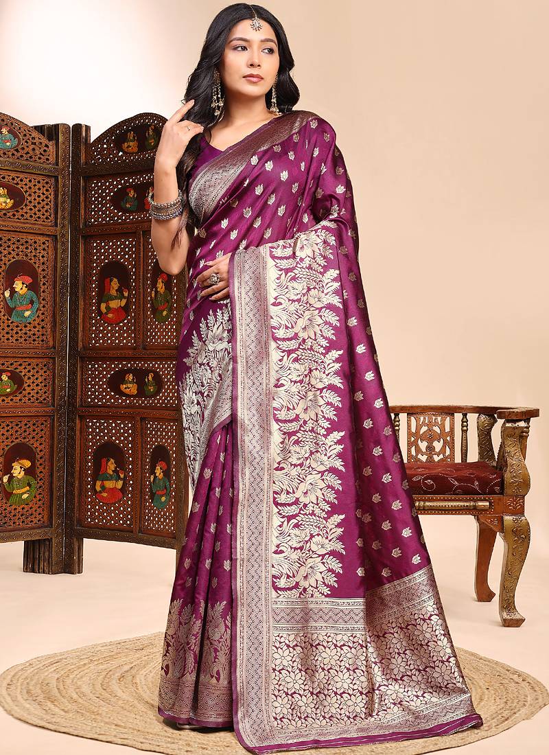 Wine lichi silk embroidered wedding wear saree