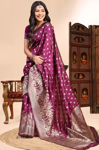 Wine lichi silk embroidered wedding wear saree