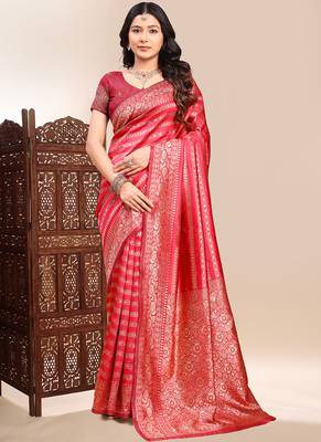 Red lichi silk embroidered wedding wear saree 1