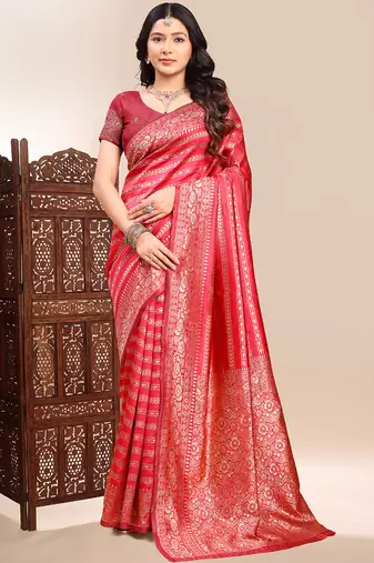 Red lichi silk embroidered wedding wear saree