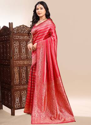 Red lichi silk embroidered wedding wear saree 2