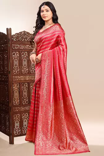 Red lichi silk embroidered wedding wear saree