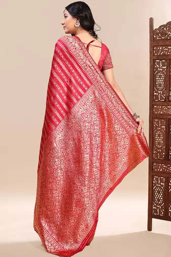 Red lichi silk embroidered wedding wear saree