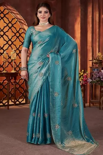 Teal Color Hand Embroidery Work Satin Silk Saree