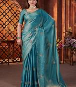 Teal Color Hand Embroidery Work Satin Silk Saree