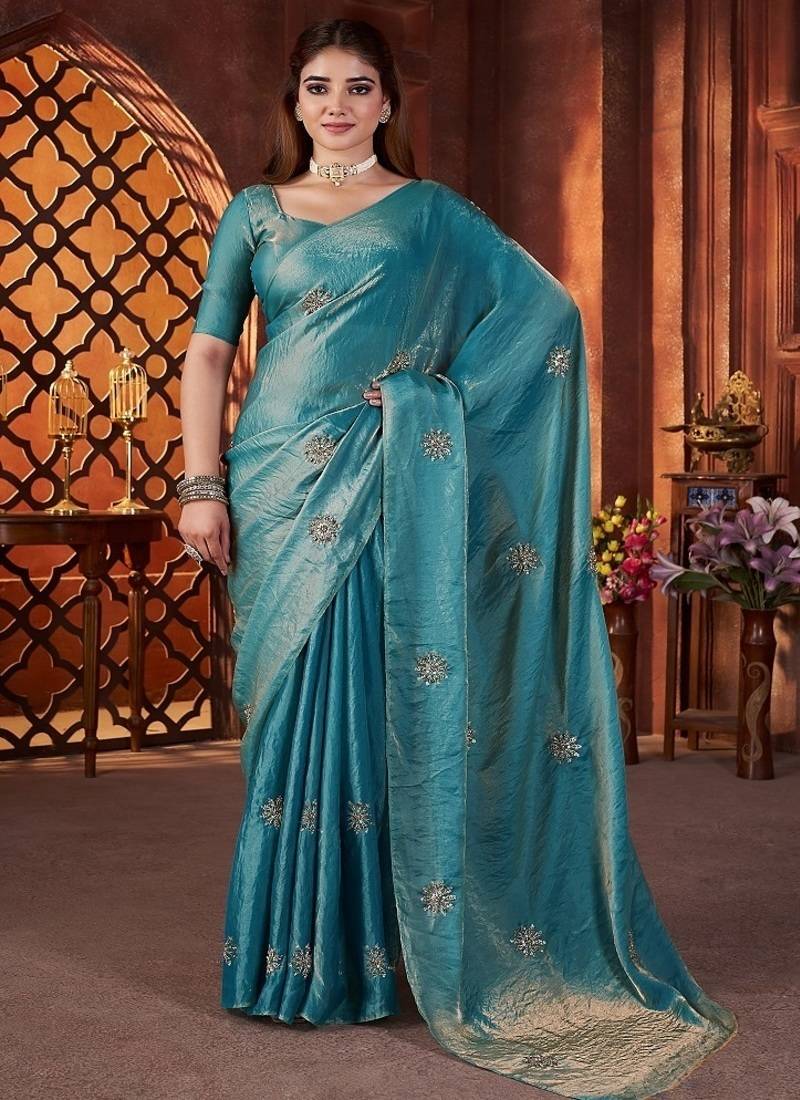 Teal Color Hand Embroidery Work Satin Silk Saree