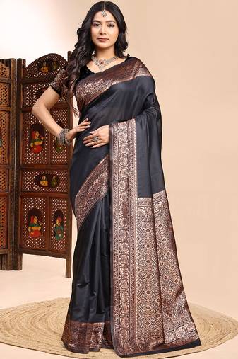 Black lichi silk embroidered wedding wear saree
