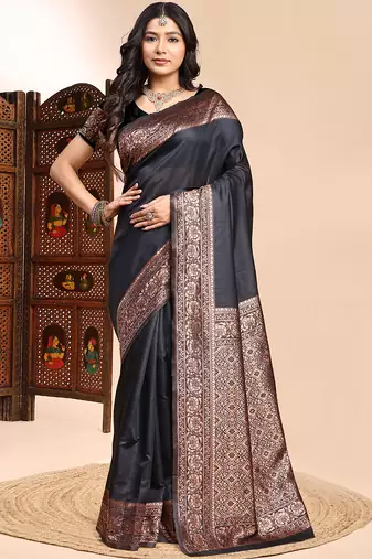 Black lichi silk embroidered wedding wear saree