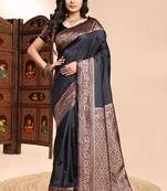 Black lichi silk embroidered wedding wear saree