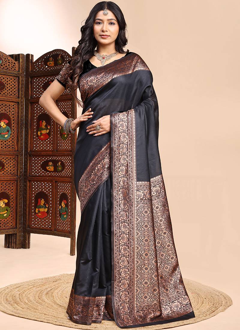 Black lichi silk embroidered wedding wear saree