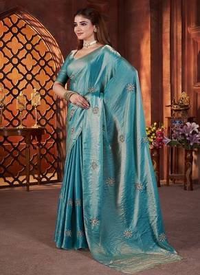 Teal Color Hand Embroidery Work Satin art silk saree 2