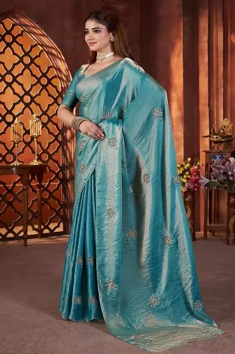 Teal Color Hand Embroidery Work Satin art silk saree