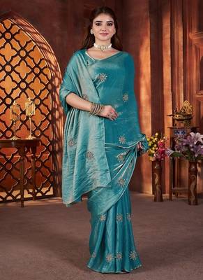 Teal Color Hand Embroidery Work Satin art silk saree 3