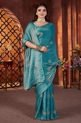 Teal Color Hand Embroidery Work Satin art silk saree