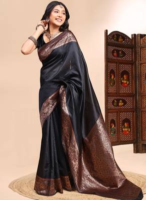 Black lichi silk embroidered wedding wear saree 2