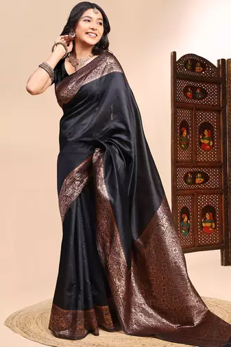 Black lichi silk embroidered wedding wear saree