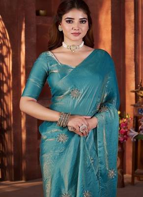 Teal Color Hand Embroidery Work Satin art silk saree 4