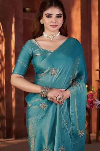 Teal Color Hand Embroidery Work Satin art silk saree