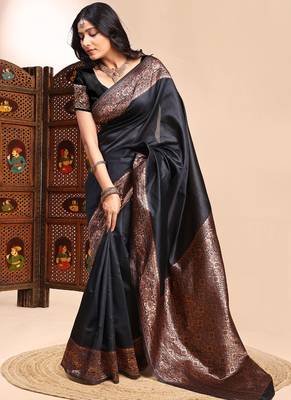 Black lichi silk embroidered wedding wear saree 3